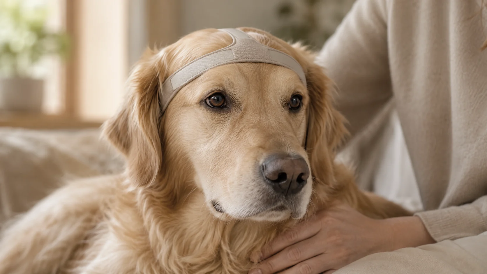 A golden retriever at rest wearing a soft sensing band, a person&rsquo;s hand resting gently on its chest.