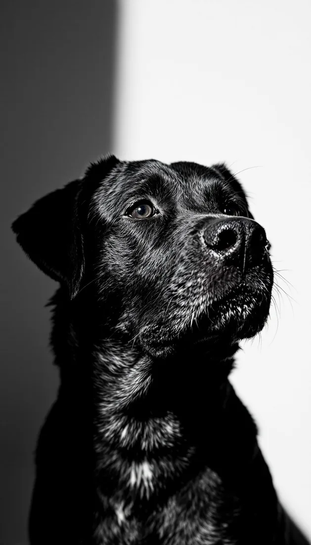 A dog, looking up