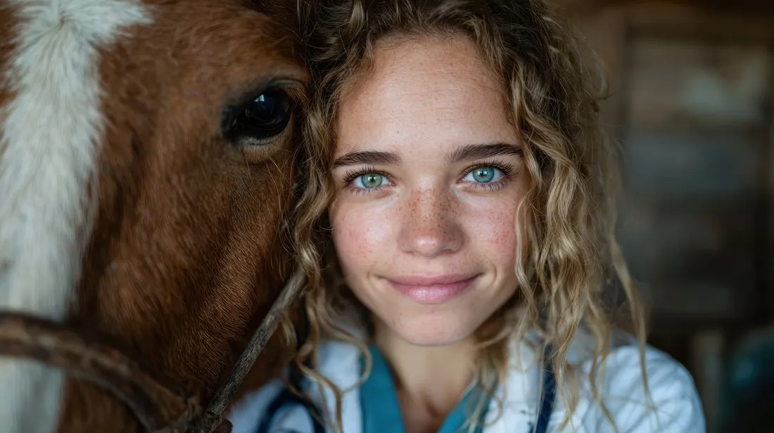 A veterinarian resting her face against a horse